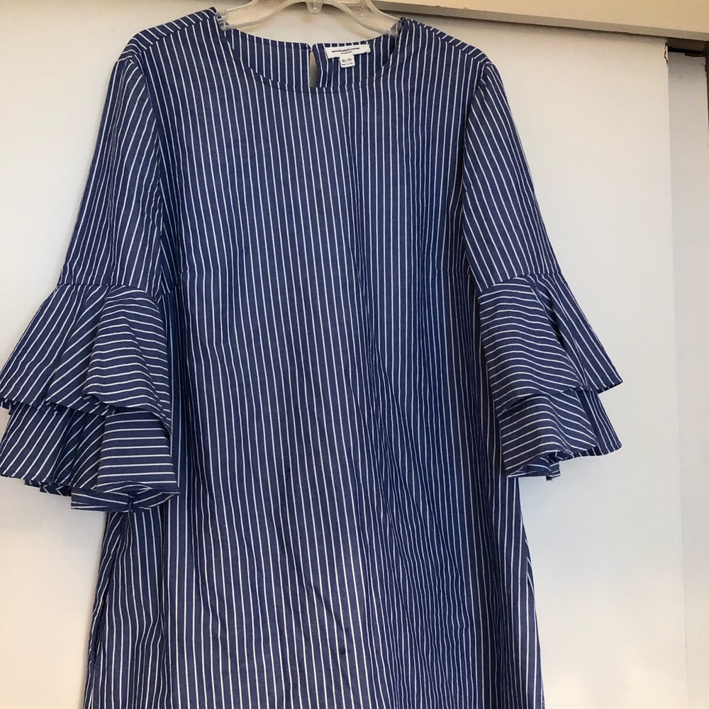 Blue And White Striped Dress With Ruffled Sleeves